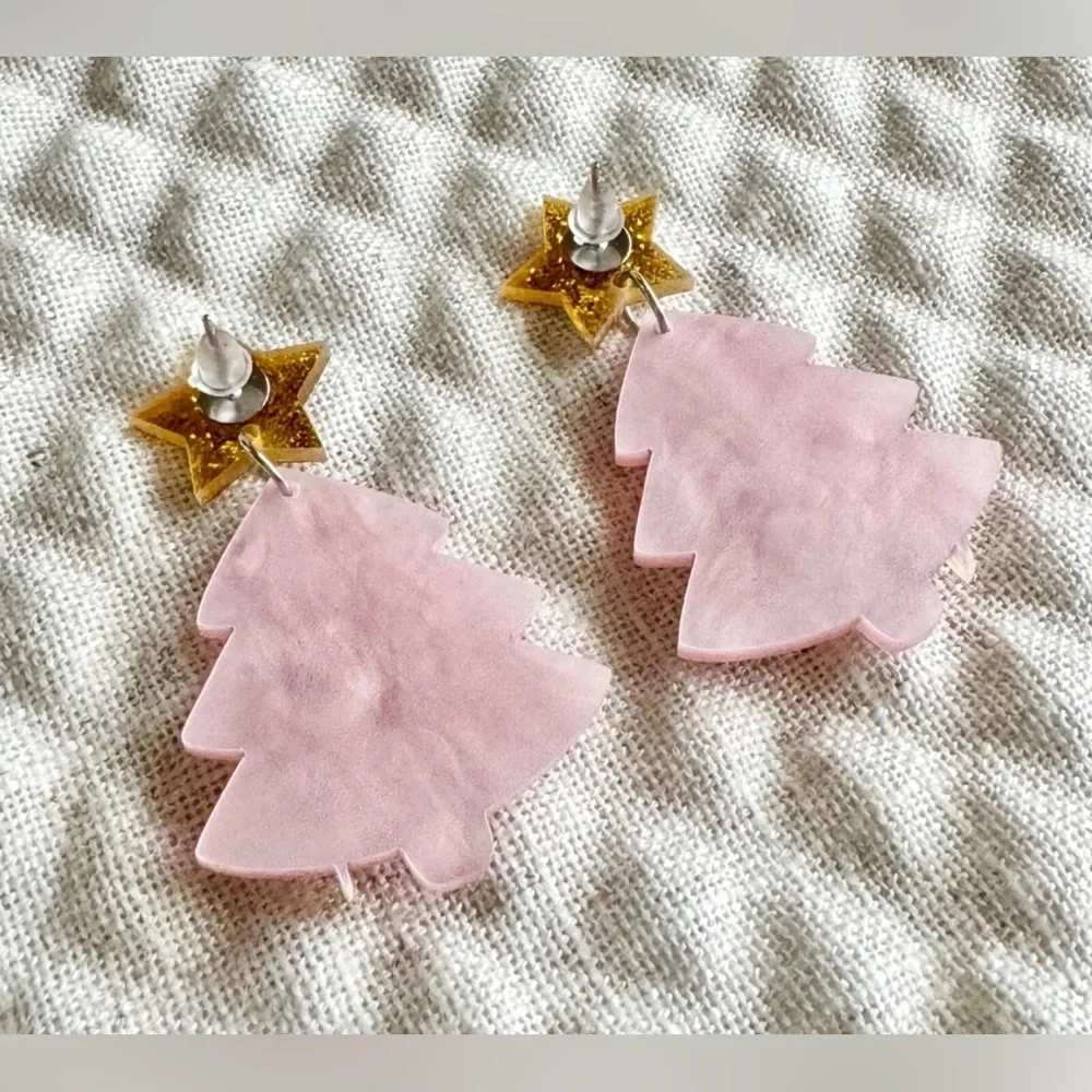 New Pink Christmas Tree w/ White Cat Pearlescent & Glitter Acrylic Earrings - 2” - Picture 6 of 6